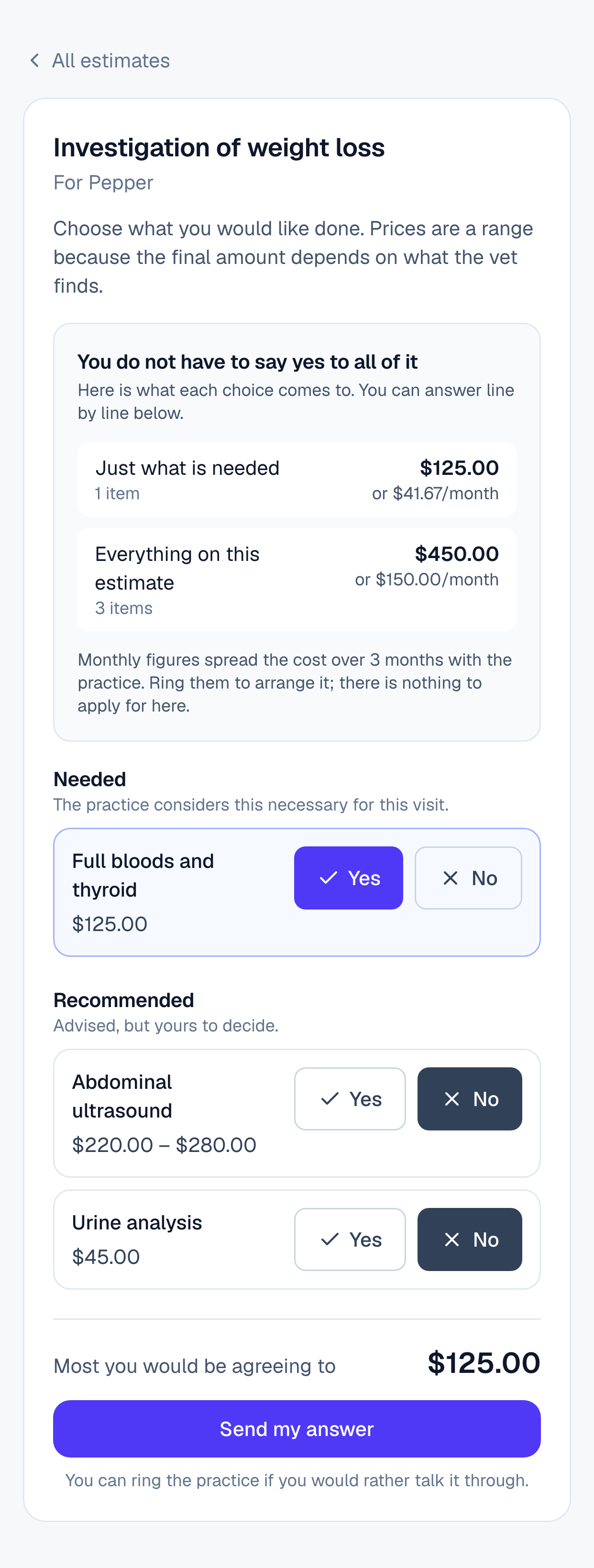 The owner's estimate on a phone, offering two priced choices and a yes or no on every line.
